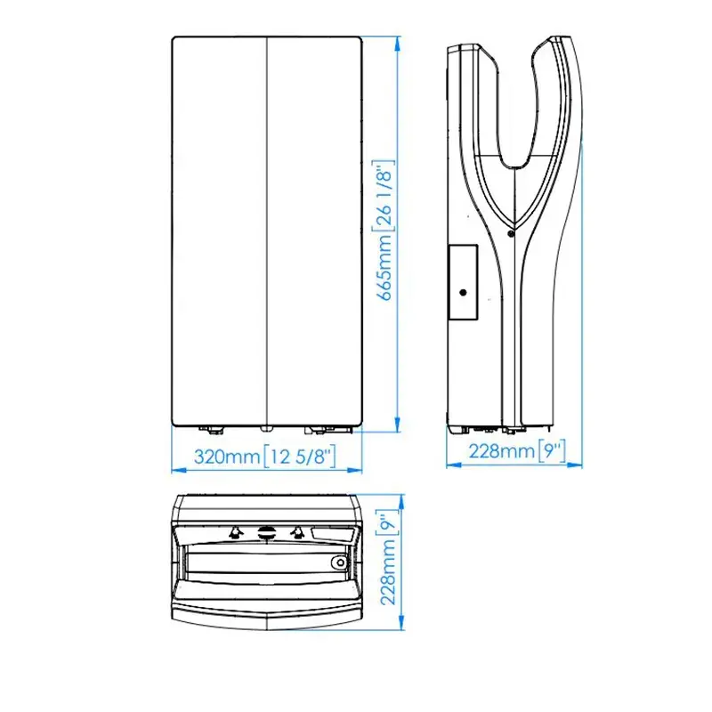 Tehnički prikaz MEDICLINICS Dualflow Plus sušača za ruke M24ACS, širina 32 cm, visina 66,5 cm, dubina 22,8 cm, snaga 250–1.100 W