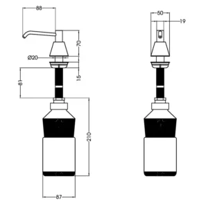 Tehnički prikaz MEDICLINICS ugradnog dozatora DJT118, rezervoar 0,95 L, otvor u pultu Ø25 mm, visina rezervoara 21,6 cm