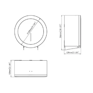 Tehnički prikaz MEDICLINICS dispenzera za jumbo toalet papir PR2783CS, prečnik kućišta 25 cm, dubina 12,9 cm, rolna do Ø23 cm
