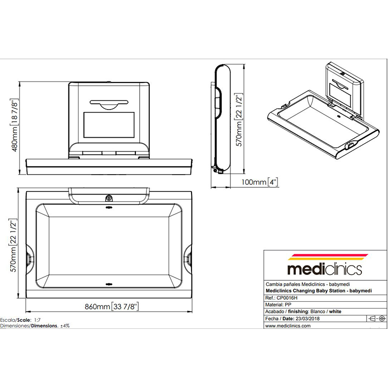 Pult za povijanje beba zidni beli - Slika 2