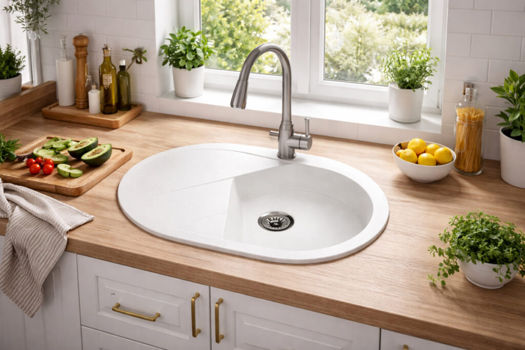 Moderna kuhinja sa belom granitnom sudoperom ovalnog oblika, ugrađenom u drvenu radnu ploču, sa visokim inox kuhinjskim slavinama i prirodnim osvetljenjem
