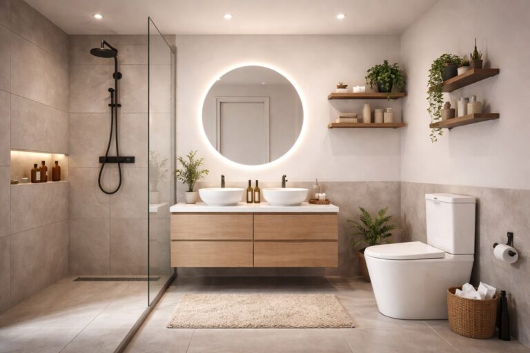 Moderni urbano dizajnirano kupatilo sa tuš kabinom, dvostrukim lavaboom i WC šoljom sa vodokotlićem u koji je ugrađeno kvalitetno zvono za vodokotlić