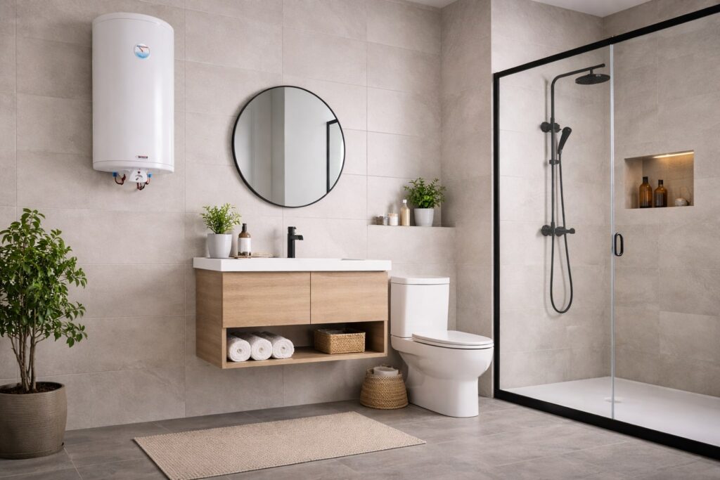 Modernо kupatilo sa zidno montiranim električnim bojlerom, tuš kabinom, WC šoljom i drvenim lavabo ormarićem