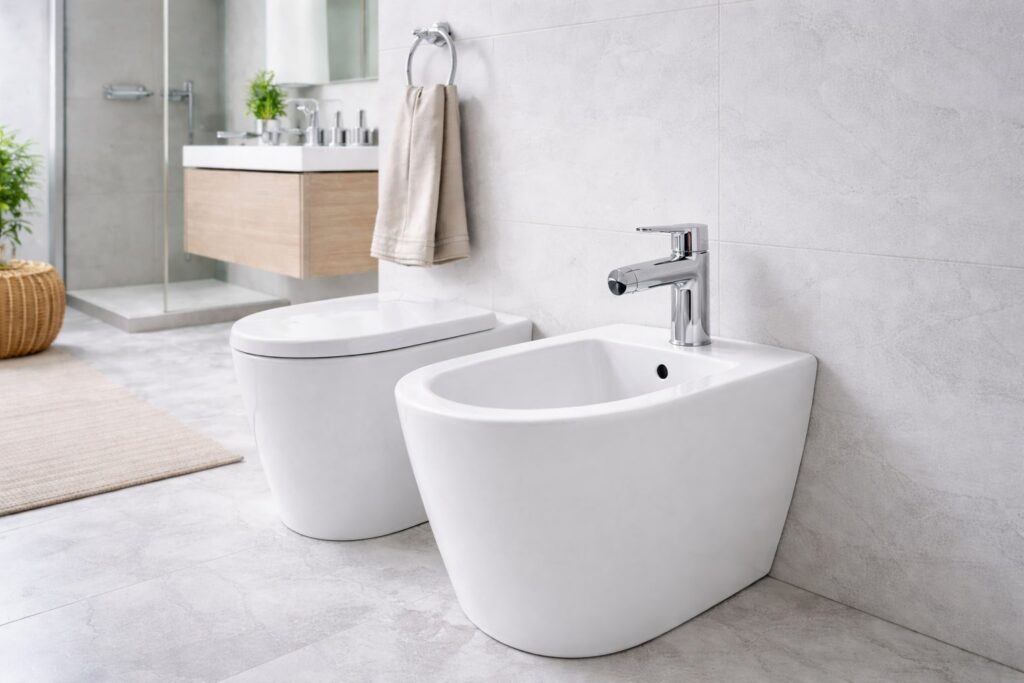 Moderan bide u kupatilu sa jednoručnom hromiranom bidet slavinom, postavljen pored WC šolje, u svetlom i elegantnom enterijeru