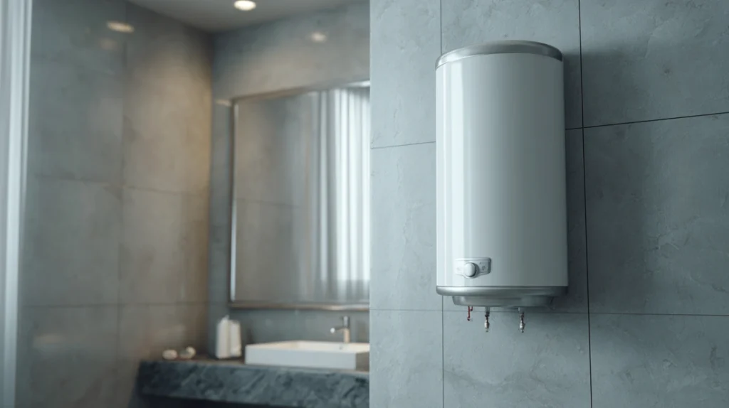 Modran bojler na zidu u modernom kupatilu