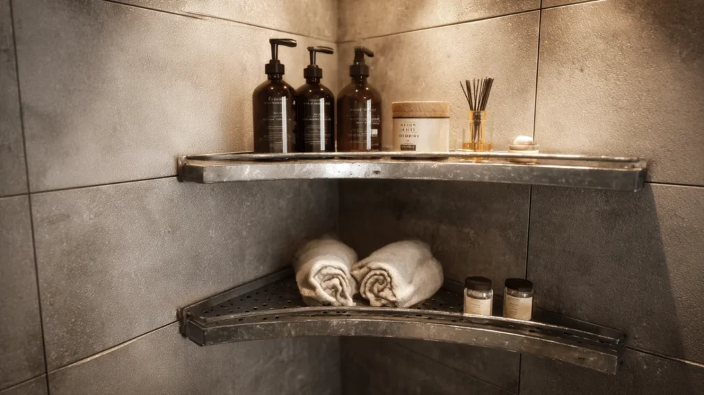 Ugaona polica u kupatilu na kojoj stoji kozmetia i peskiri