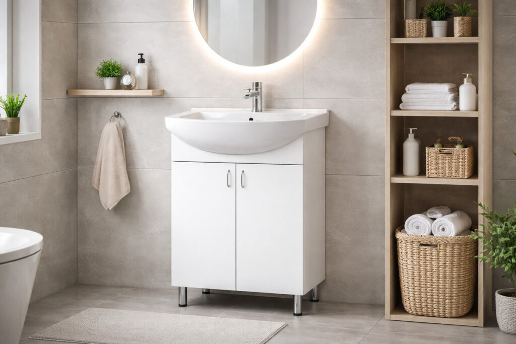 Moderno kupatilo sa belim ormarićem ispod lavaboa, okruglim LED ogledalom i drvenim policama