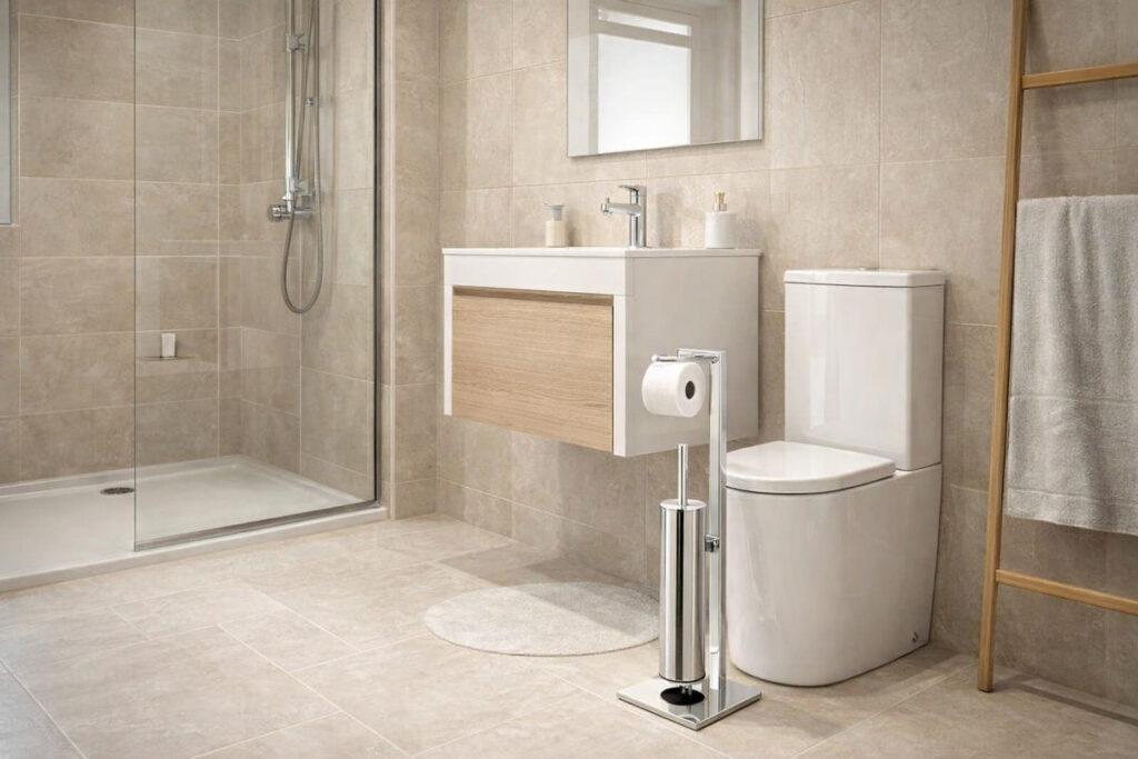 Moderan stalak za toalet papir sa četkom postavljen pored WC šolje u savremenom kupatilu sa tuš kabinom