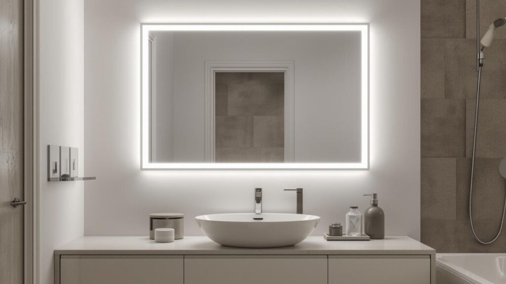 Kockasto led ogledalo u modernom kupatilu