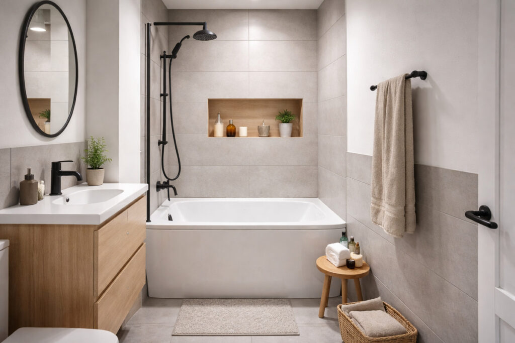 Mala pravougaona kada u kompaktnom modernom kupatilu sa svetlim pločicama i drvenim elementima