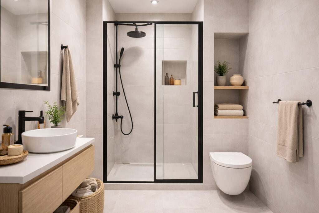 Mala tuš kabina sa staklenim vratima u malom modernom kupatilu sa svetlim pločicama i crnim detaljima