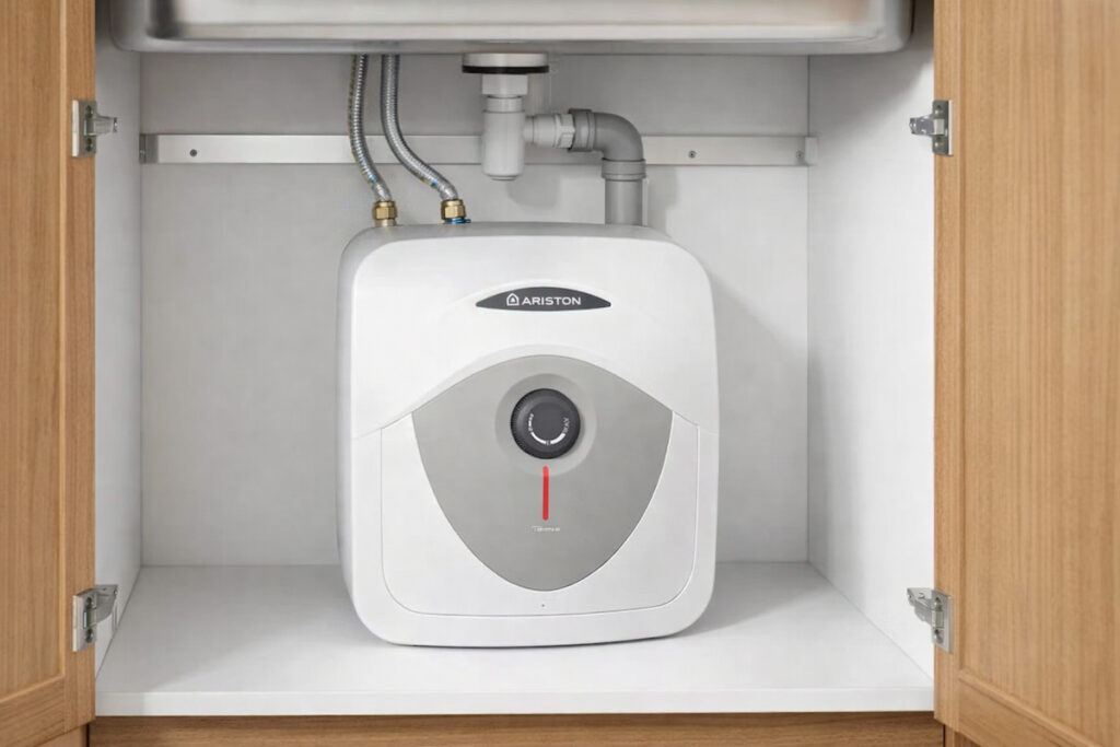 Mali Ariston bojler smešten u donjem kuhinjskom elementu ispod sudopere, sa vidljivim priključcima i sifonom