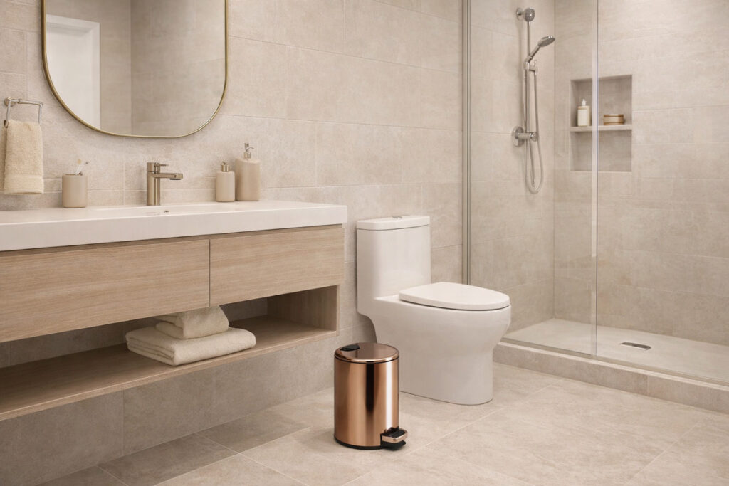 Modern light beige bathroom with a rose gold pedal trash can placed beside a floating vanity unit