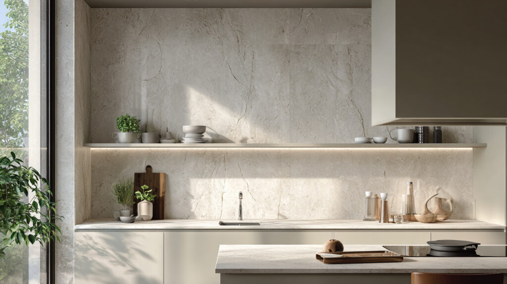 Moderna kuhinja sa svetlim mermernim pločicama na zidovima i minimalističkim nameštajem