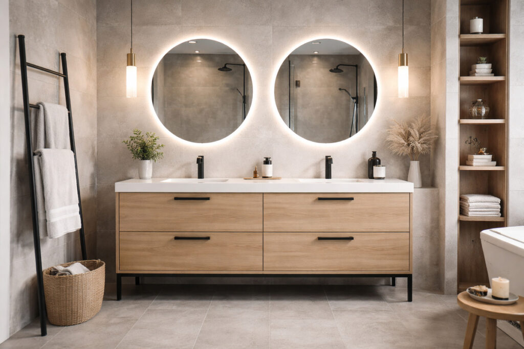Moderna komoda za kupatilo sa dva lavaboa, drvenim frontovima i LED osvetljenim okruglim ogledalima