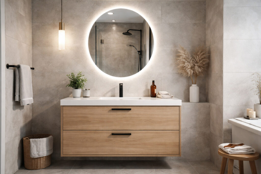 Moderan lavabo sa visećim ormarićem od svetlog drveta i LED osvetljenim okruglim ogledalom u savremenom kupatilu