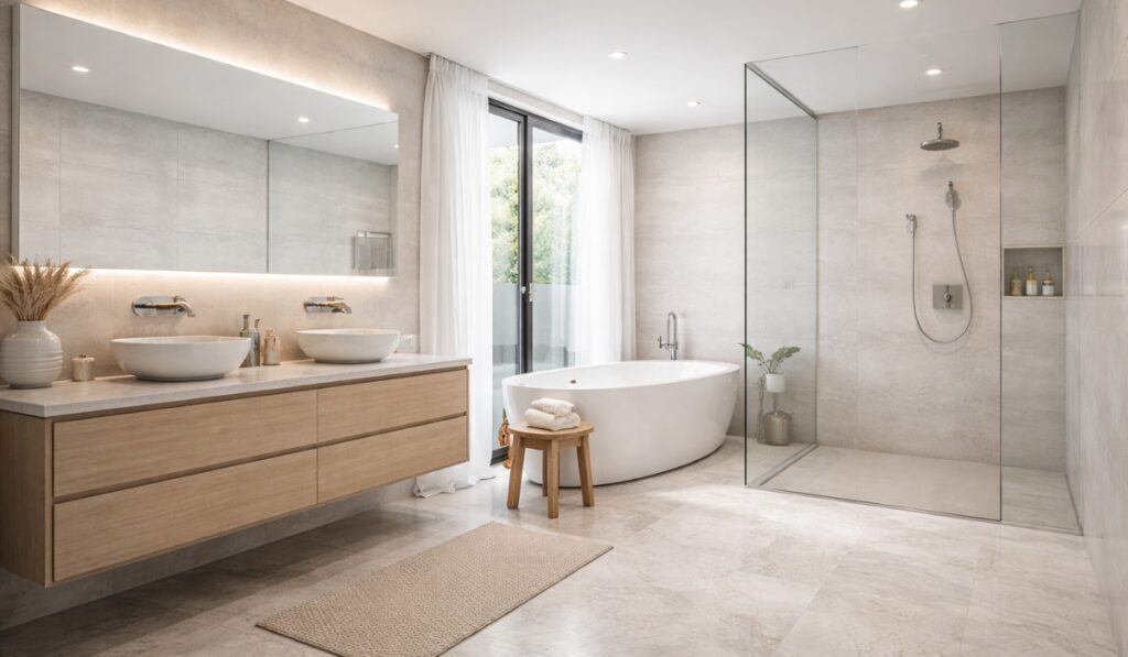 Skladno i moderno kupatilo sa samostojećom kadom, walk-in tušem, drvenim visećim ormarićem i svetlim keramičkim pločicama