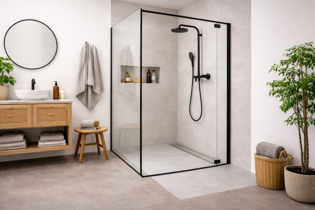 Moderno kupatilo sa walk-in tuš kabinom sa bočnim staklenim panelom i linijskom kanalicom ugrađenom u pod tuša