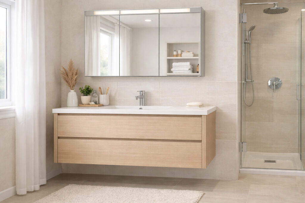 Moderan ormarić sa umivaonikom u svetlom kupatilu sa čistim linijama i neutralnim bojama