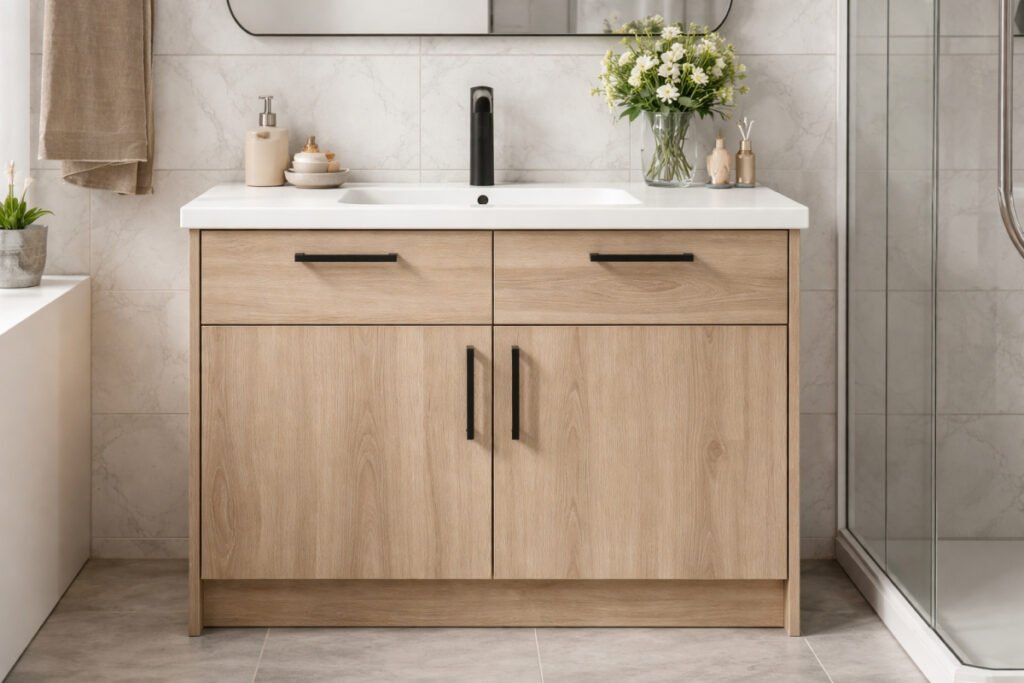 Ormarić za kupatilo ispod lavaboa u svetlom modernom kupatilu sa drvenim frontovima i belom keramikom