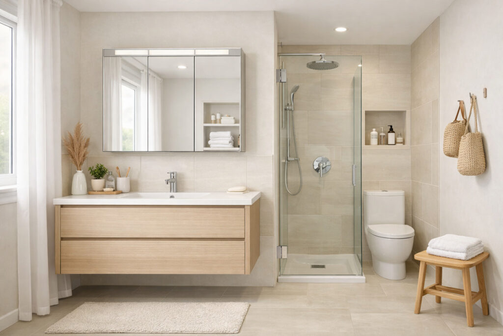 Moderno uređeno kupatilo u svetlim tonovima sa visećim ormarićem, ogledalom i staklenom tuš kabinom