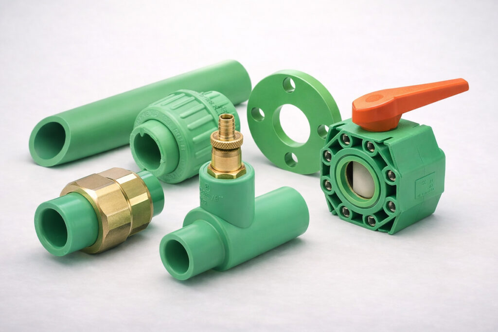 Zeleni PPR fitinzi i ventili sa mesinganim spojnicama i cevima, uredno raspoređeni na svetloj pozadini