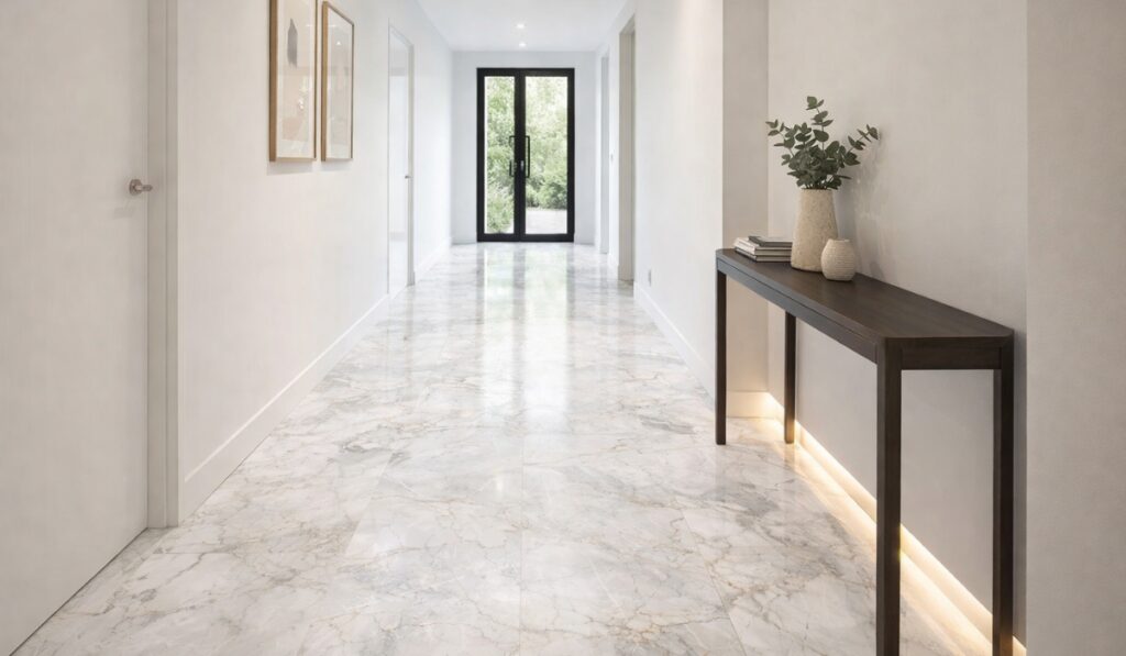 Moderan hodnik u kući sa svetlim ICEBERG keramičkim podnim pločicama velikog formata, belim zidovima i crnim staklenim vratima