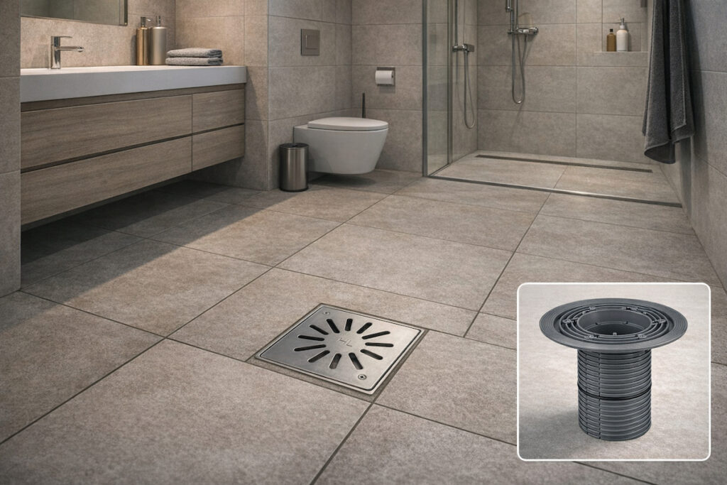 Moderno kupatilo sa četvrtastim podnim slivnikom i prikazom sifona za ugradnju