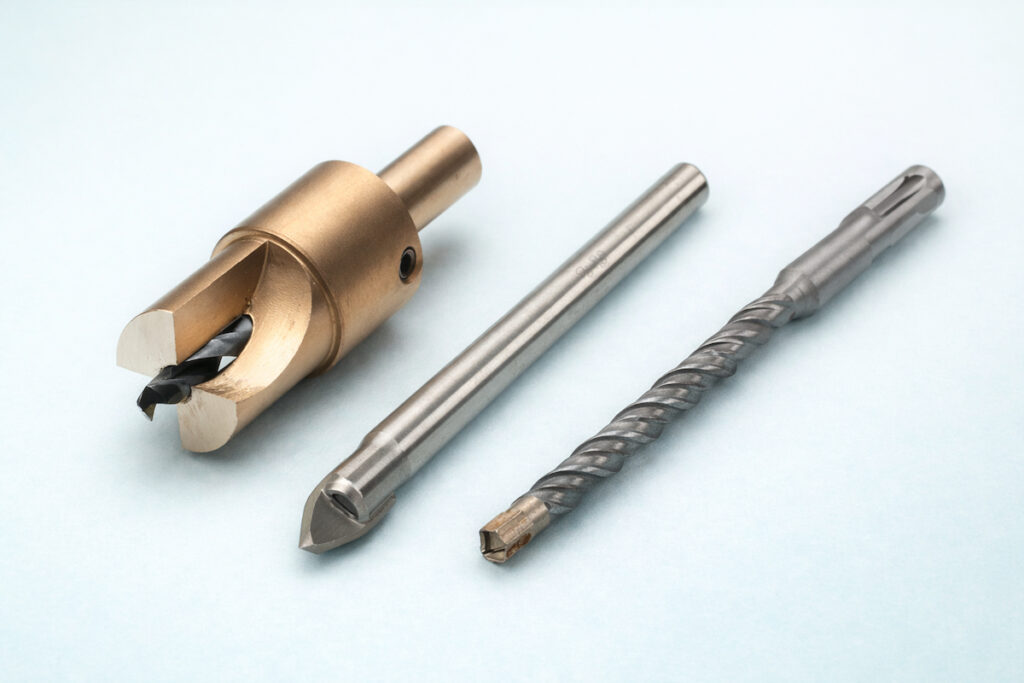 Tri različite burgije poređane na svetloj pastelnoj pozadini u visokoj rezoluciji