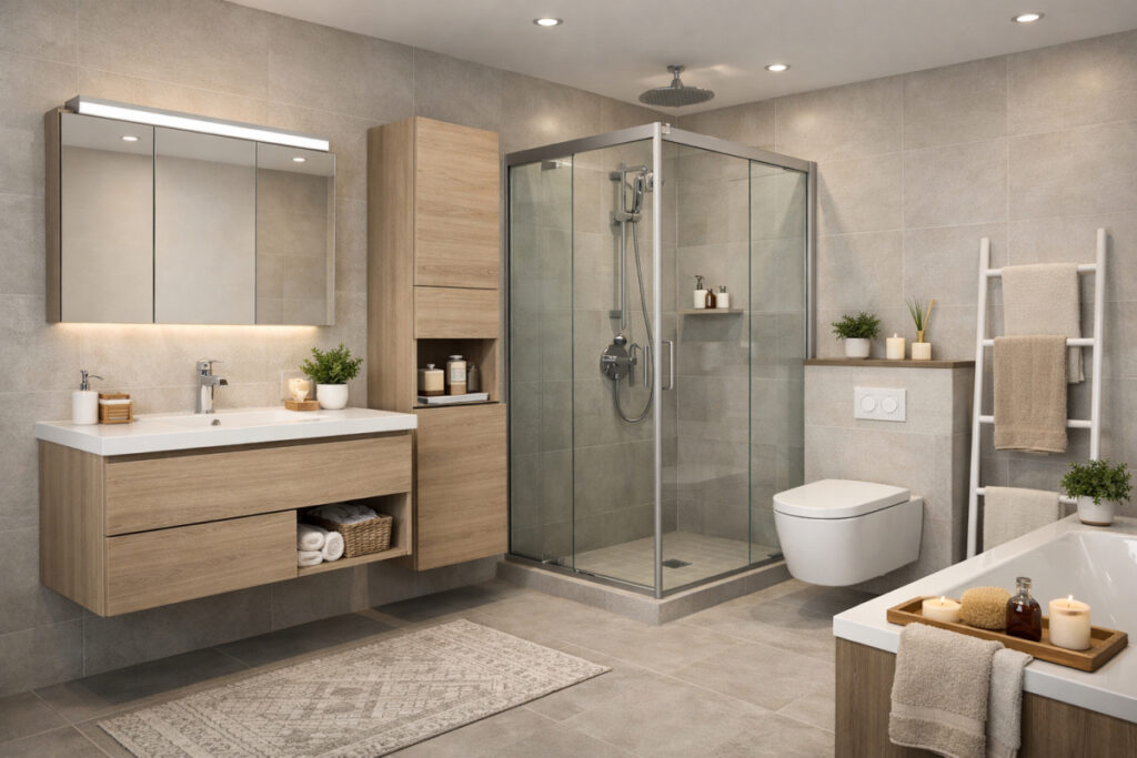 Moderno kupatilo sa drvenim kupatilskim nameštajem, tuš kabinom i visećim WC-om