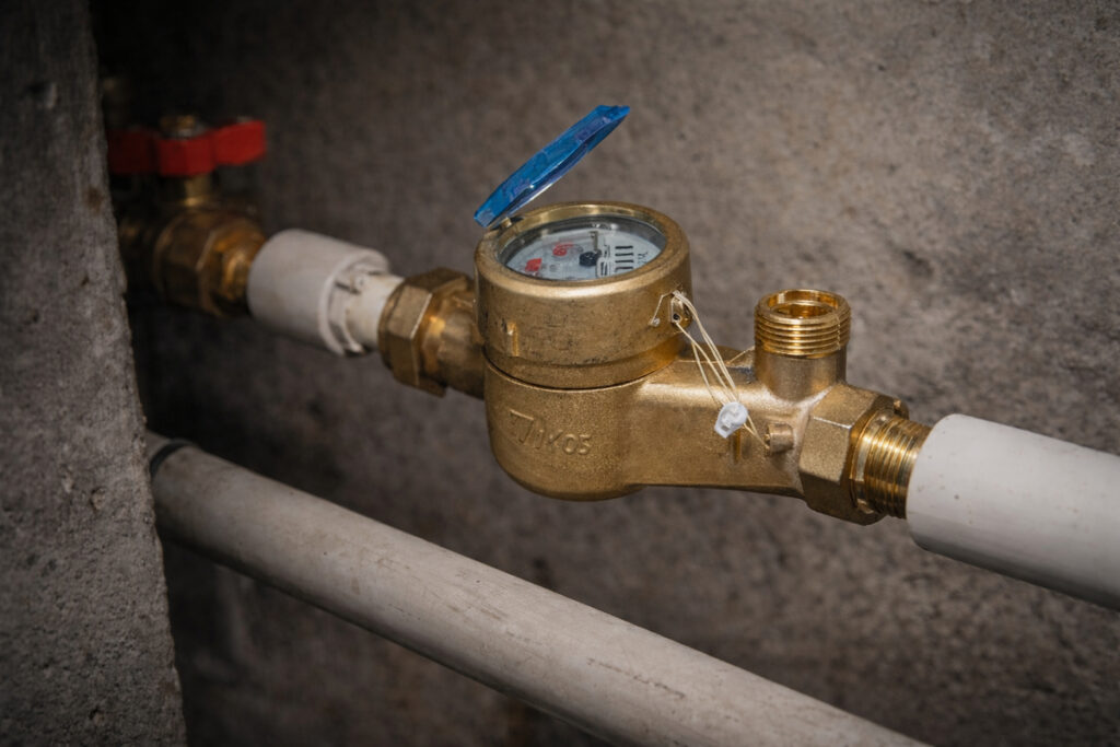Instalirani vodomer sa mesinganim kućištem i PVC cevima u podrumskom prostoru