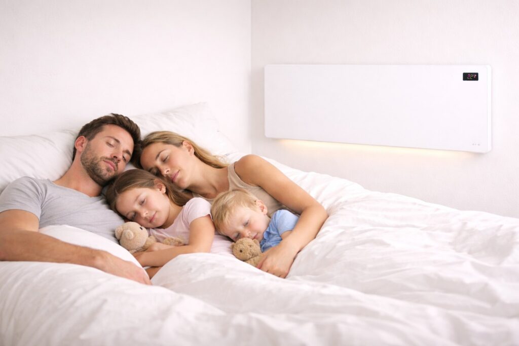 Porodica koja mirno odmara u krevetu pored norveskog panela