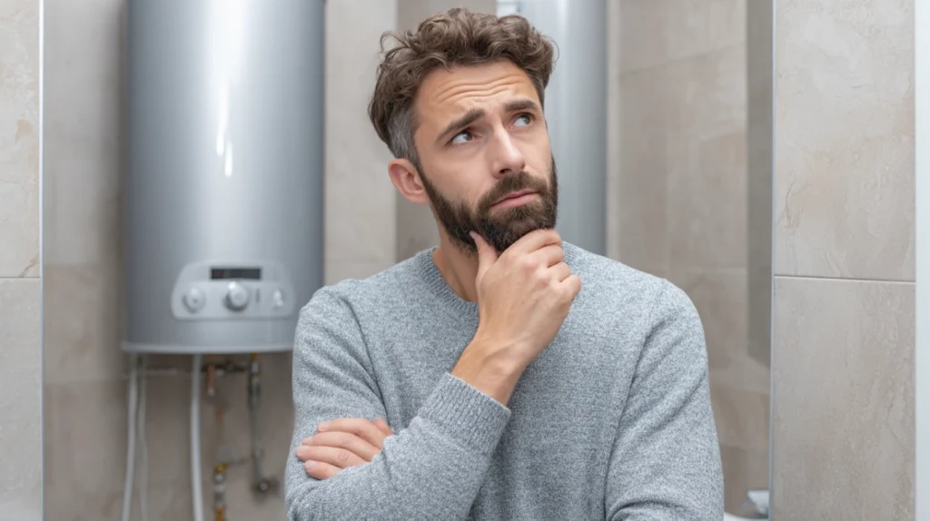 Zabrinut covek pored bojlera