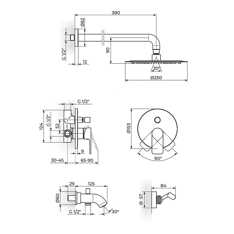 ROSAN S2 Gold uzidna slavina sa izlivom, zidnim tušem i ručicom (231701G) - Slika 2