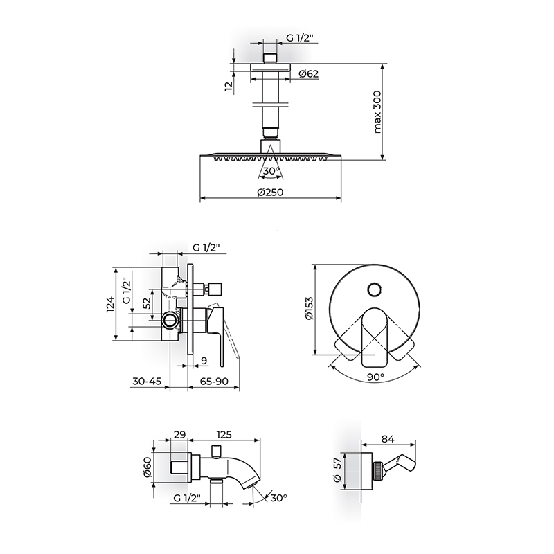 ROSAN S2 Gold uzidna slavina sa izlivom, plafonskim tušem i ručicom (231703G) - Slika 2