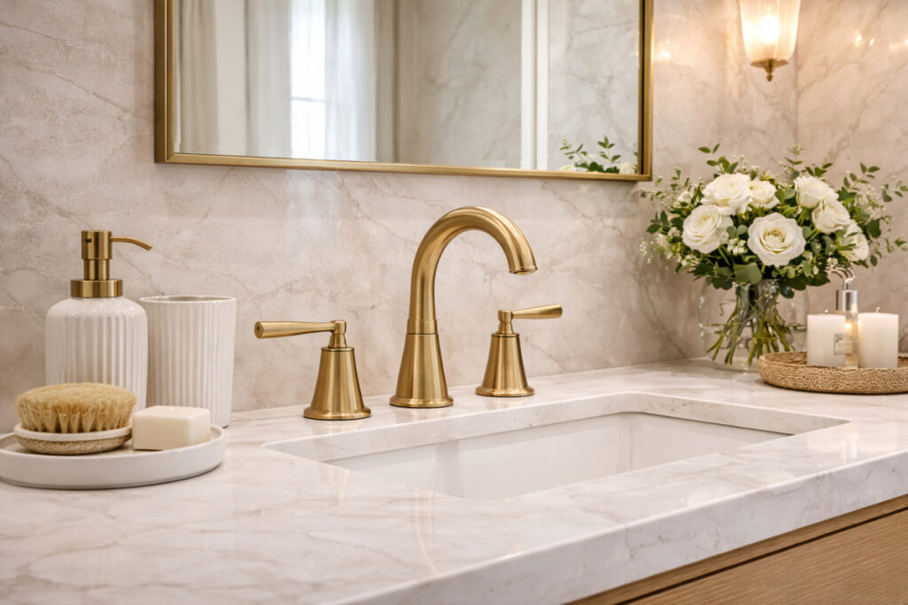 Elegantna zlatna česma za lavabo u modernom kupatilu sa mermernom radnom pločom