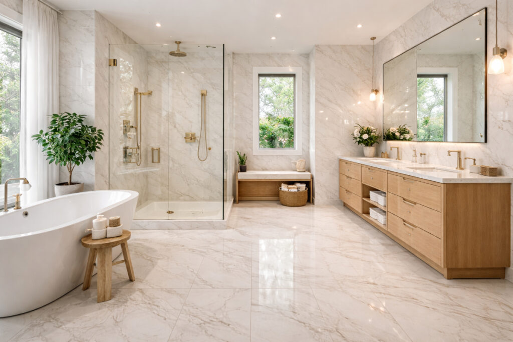 Prostrano kupatilo sa identičnim pločicama u imitaciji mermera na zidovima i podu