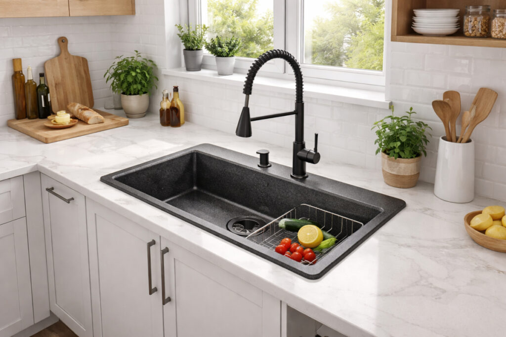Moderno uređena kuhinja sa crnom granitnom sudoperom, belom radnom pločom i visokom crnom slavinom ispod prozora