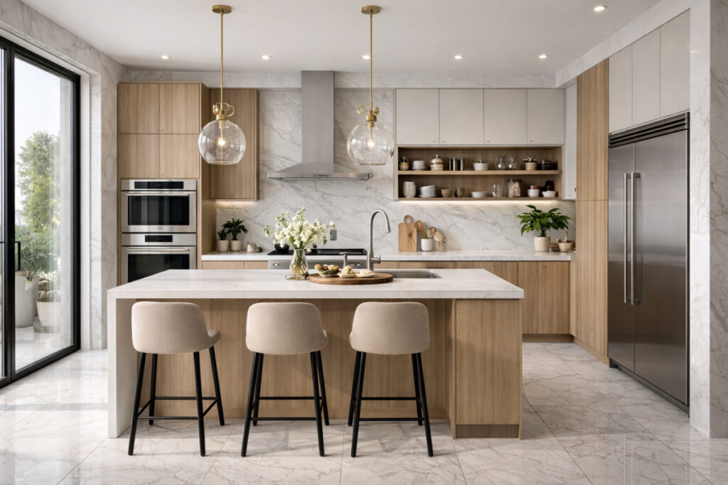 Moderno uređena kuhinja sa keramičkim pločicama na podu i zidovima, kuhinjskim ostrvom, sudoperom i savremenom slavinom