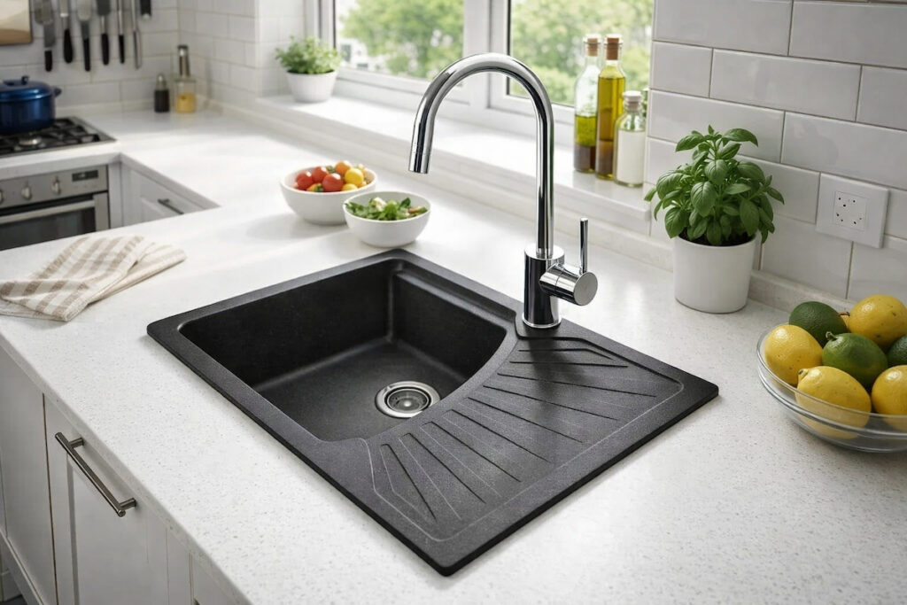 Uređena moderna kuhinja sa plitkom crnom granitnom sudoperom sa desnom oceđivačkom površinom, ugrađenom u svetlu radnu ploču ispod prozora