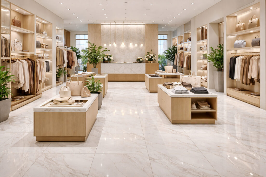 Retail prodavnica sa velikim svetlim pločicama u imitaciji mermera i moderno uređenim enterijerom