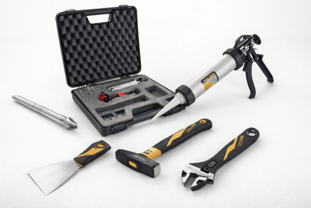 Tolsen industrial ručni alati set sa pištoljem za silikon, čekićem, špahtlom, podesivim ključem i burgijom na svetloj pozadini visoke rezolucije