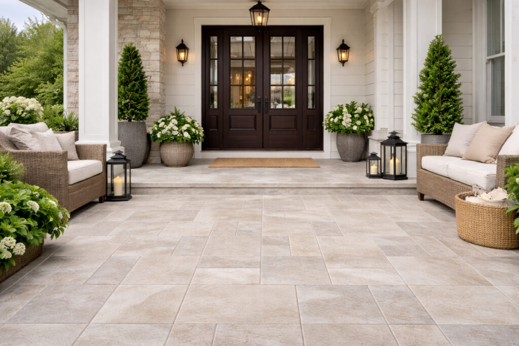 Ulazni trem moderne kuće sa spoljnim pločicama u svetlim tonovima