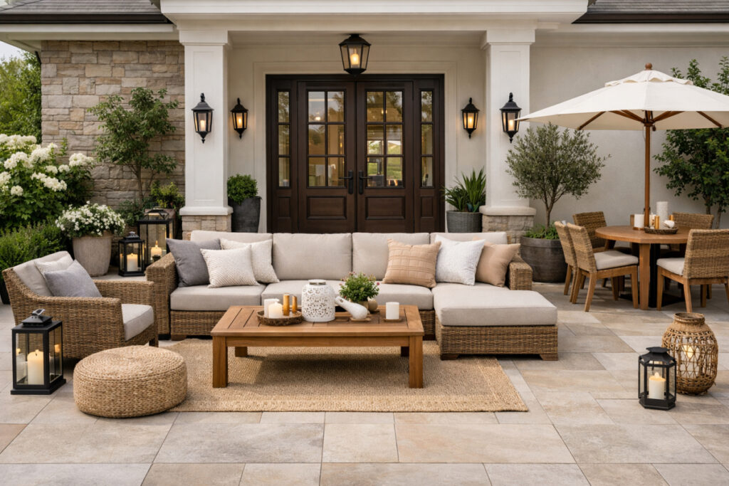 Prostrana terasa ispred ulaza u kuću sa spoljnim pločicama i elegantnim baštenskim nameštajem u svetlim tonovima