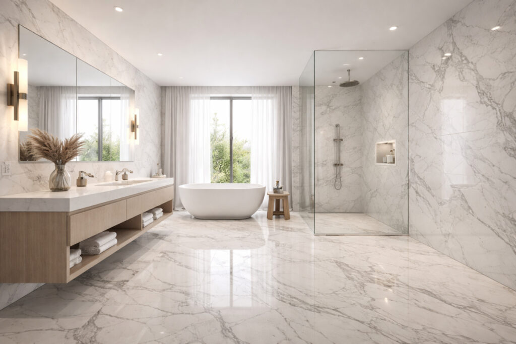 Veliko moderno kupatilo sa identičnim mermernim pločicama na podu i zidovima, staklenom tuš kabinom i samostojećom kadom