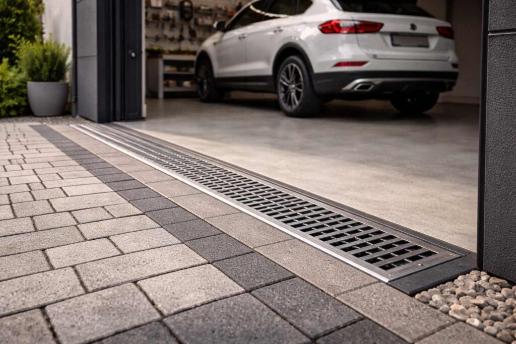 Odvod ispred garaze u kojoj se nalazi beli dzip