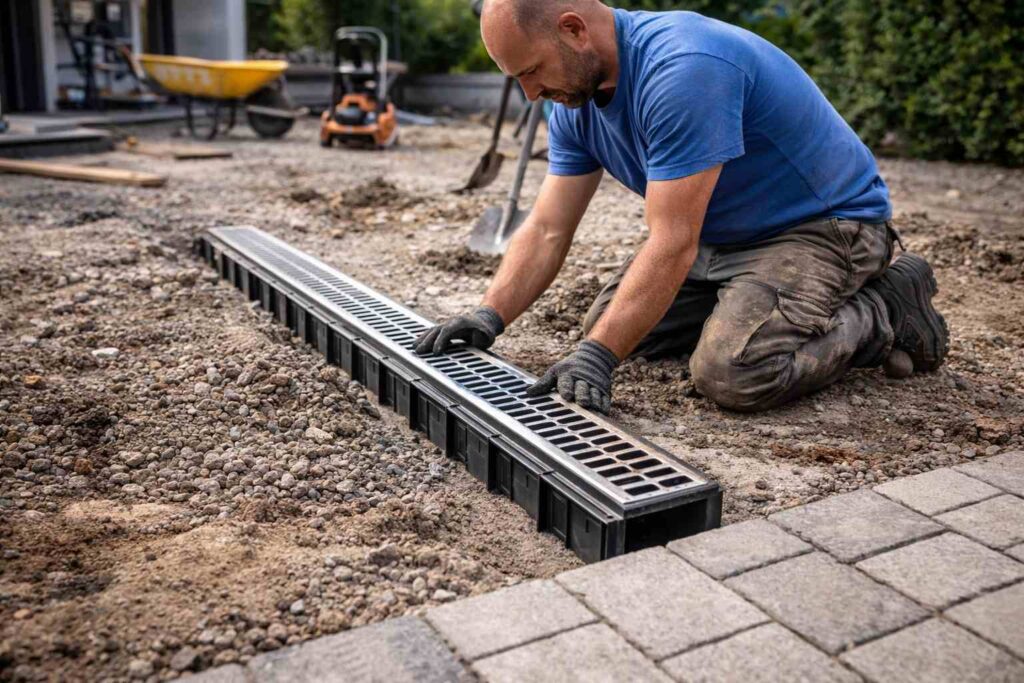 Majstor koji postavlja slivnik za dvoriste