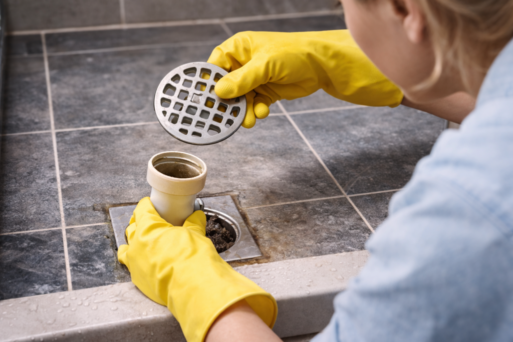 Zena koja rucno cisti sifon u tus kabini