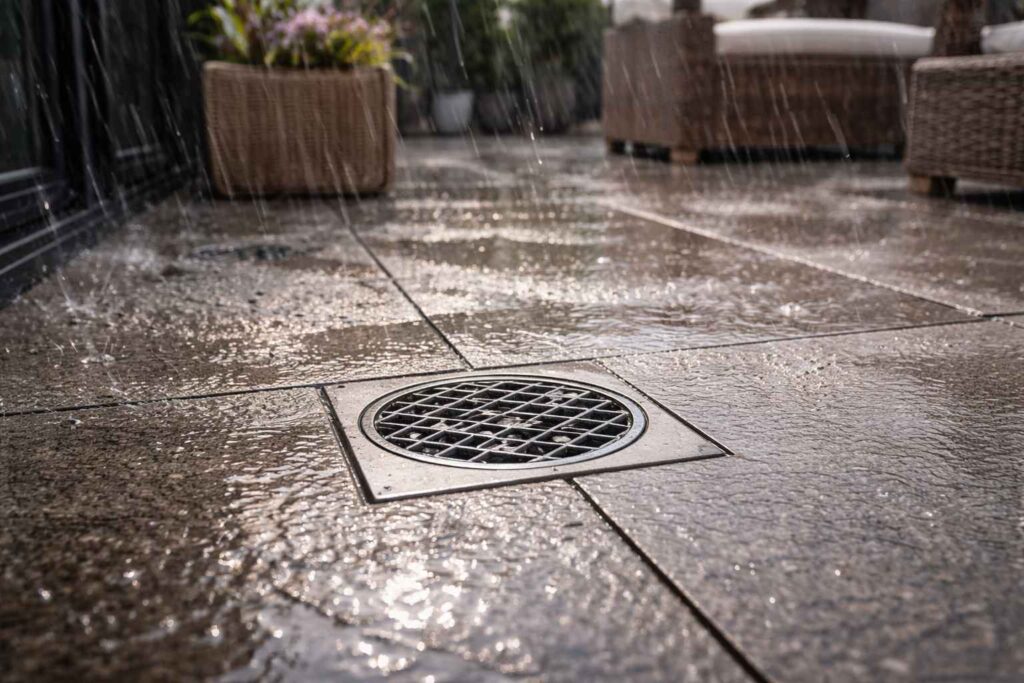 Slivnik na terasi, na kojoj pljusti kisa