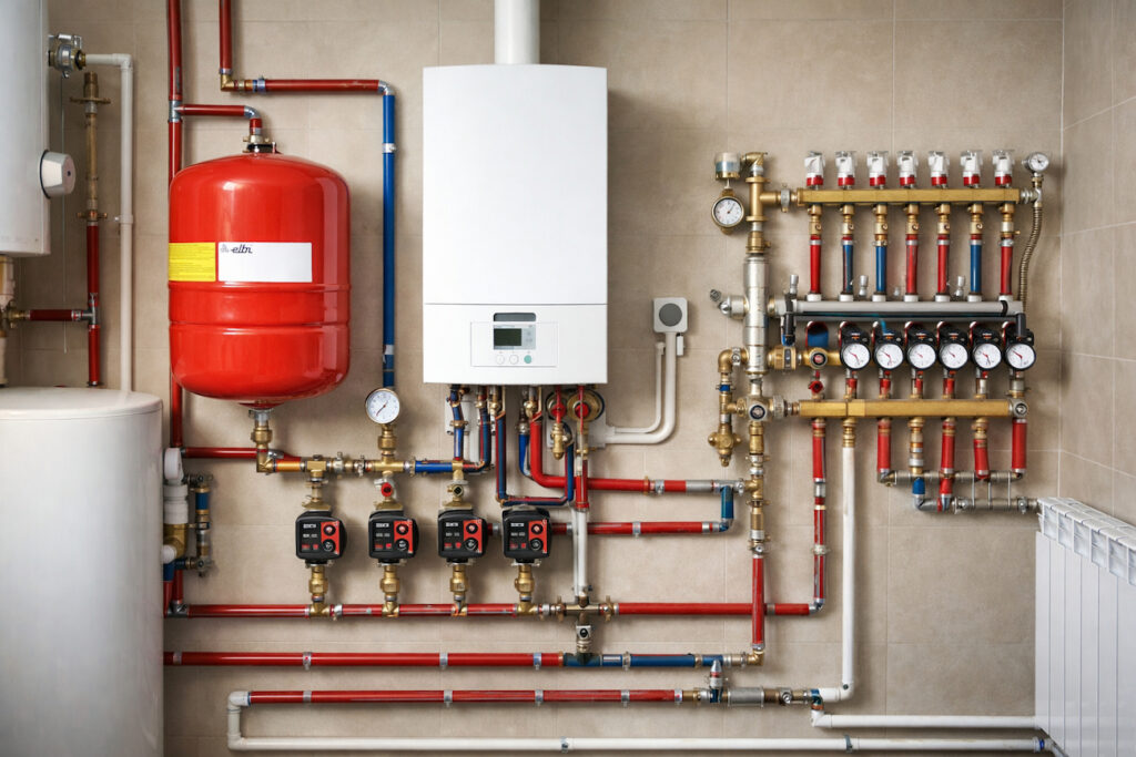 Kućni sistem centralnog grejanja sa crvenom ekspanzionom posudom, kotlom, razdelnikom i pumpama u tehničkoj prostoriji
